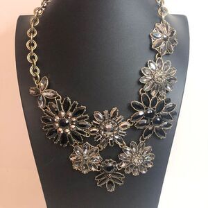 458 Floral goldtone black grey CZ asymetric bold bib statement necklace 18"-21"
